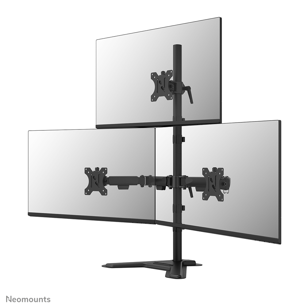 Neomounts DS45-600BL2-1 Monitorstandaard voor drie schermen - 10-32" - 0-5 kg | 11 lbs (3x) - 90° kantelbaar - 360° draaibaar - 180° zwenkbaar - VESA 75x75 - 180° lock - Zwart