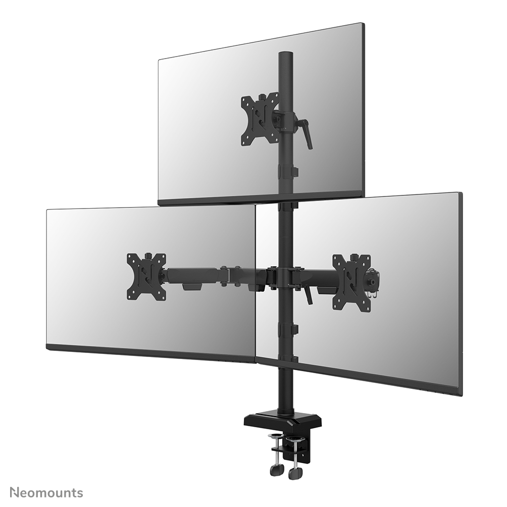 Neomounts DS60-600BL2-1 monitorarm voor drie schermen - 10-32" - 0-9 kg | 19,8 lbs (3x) - 90° kantelbaar - 360° draaibaar - 180° zwenkbaar - VESA 75x75 - 180° lock - Zwart