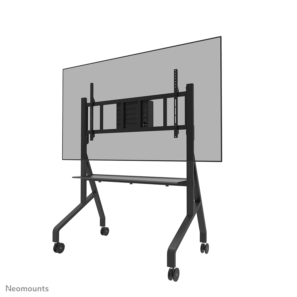 Neomounts MOVE Go XL FL50-575BL1 TV trolley 65-110" - max 125 kg - manueel h 129-139 cm - VESA 100x100-1100x600 - incl. hardware-plateau - vergrendelbaar (excl. slot) - TÜV gecertificeerd - Rapid Install-model incl. montagesjabloon - videobar kit optioneel beschikbaar - zwart