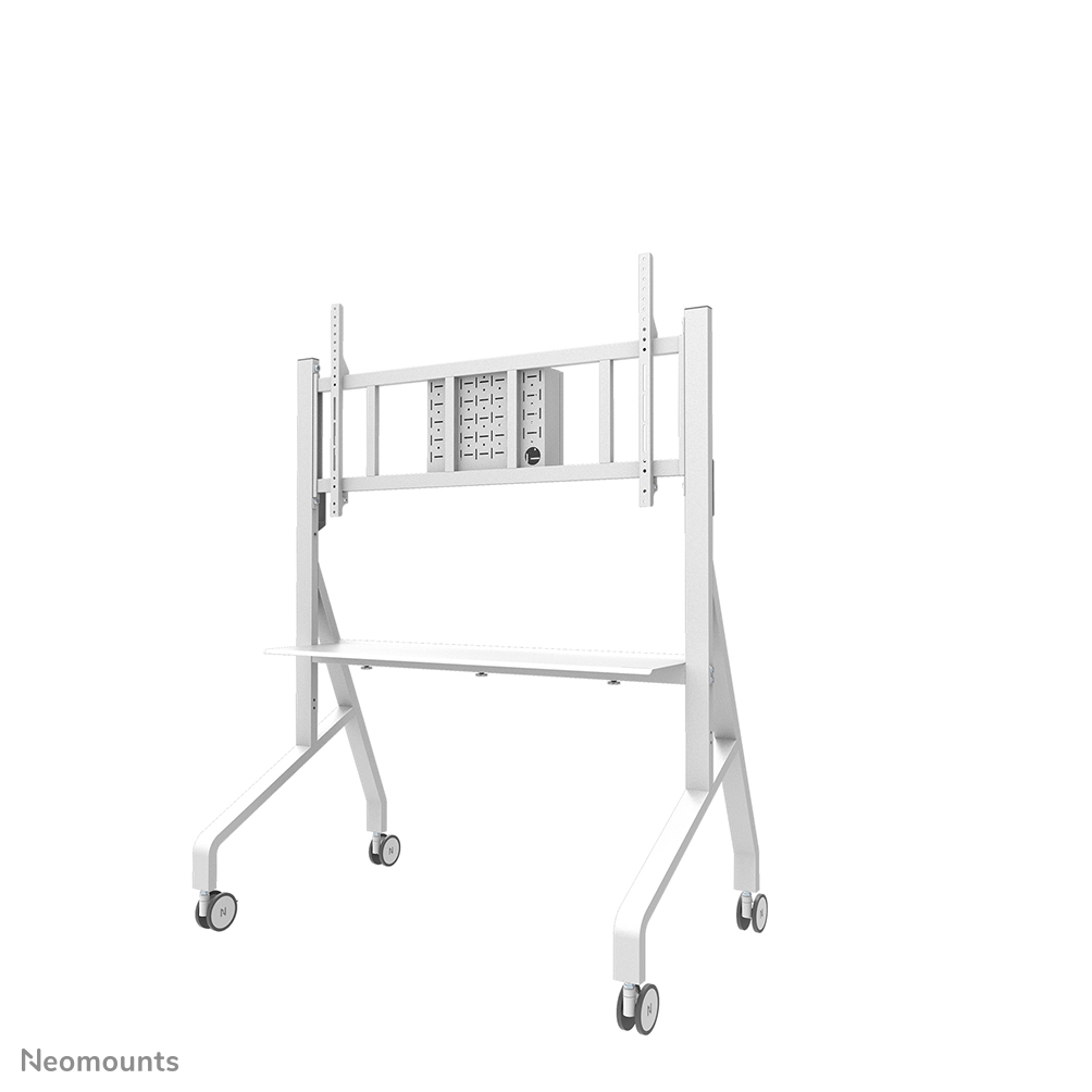 Neomounts MOVE Go XL FL50-575WH1 TV trolley 65-110" - max 125 kg - manueel h 129-139 cm - VESA 100x100-1100x600 - incl. hardware-plateau - vergrendelbaar (excl. slot) - TÜV gecertificeerd - Rapid Install-model incl. montagesjabloon - videobar kit optioneel beschikbaar - wit